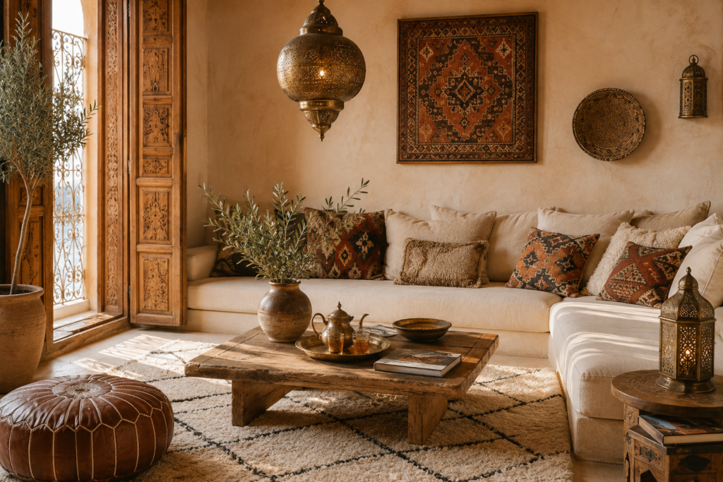 Moroccan home decor with handmade wool rug, ceramics and warm artisan lighting