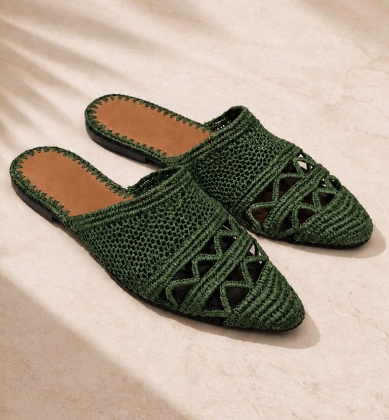 Handwoven Green Raffia Mule Slippers