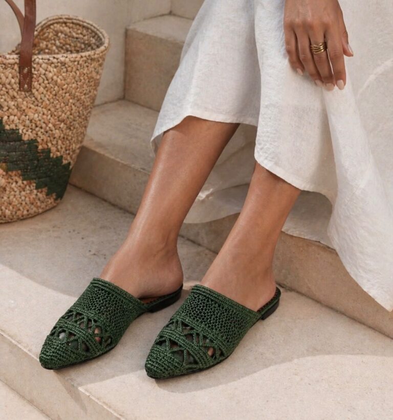Handwoven Green Raffia Mule Slippers