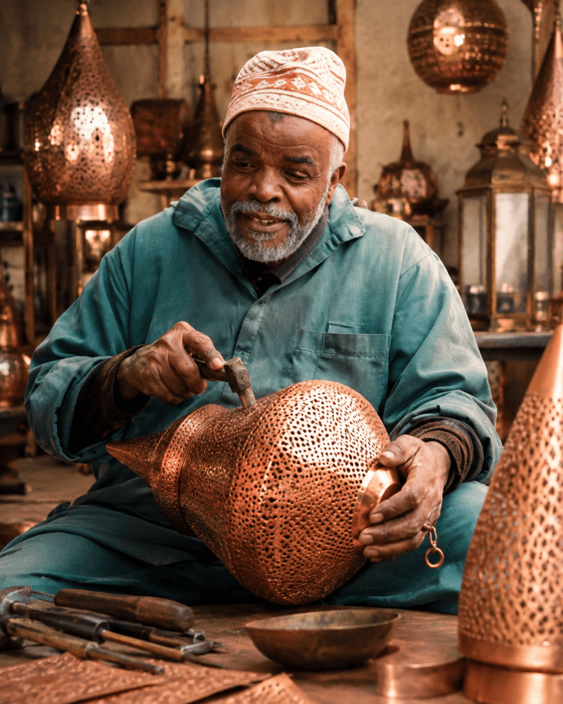 Hamid, a Moroccan artisan handcrafting a traditional metal lamp in his workshop.