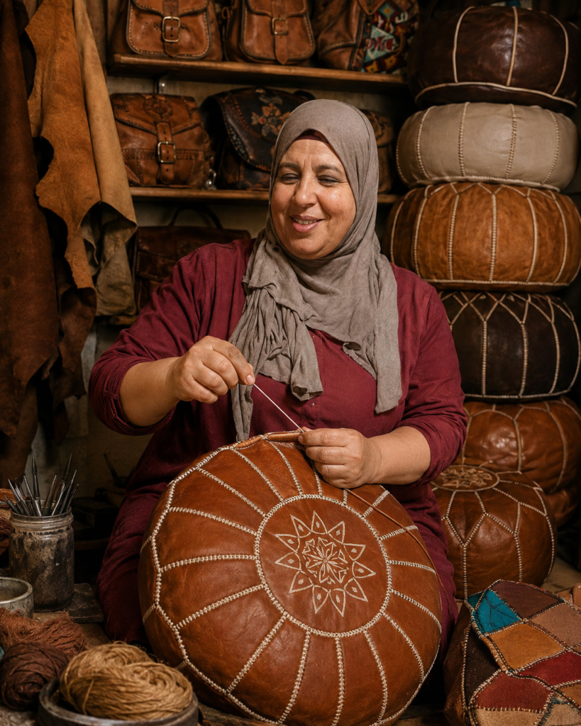 Rkiya, a Moroccan artisan hand-stitching a traditional leather pouf in her workshop.